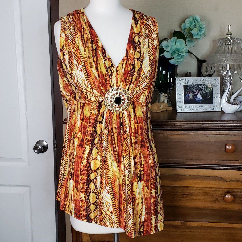 Peter Nygard Orange Tribal Print V Neck Sleeveless Top Blouse womens M